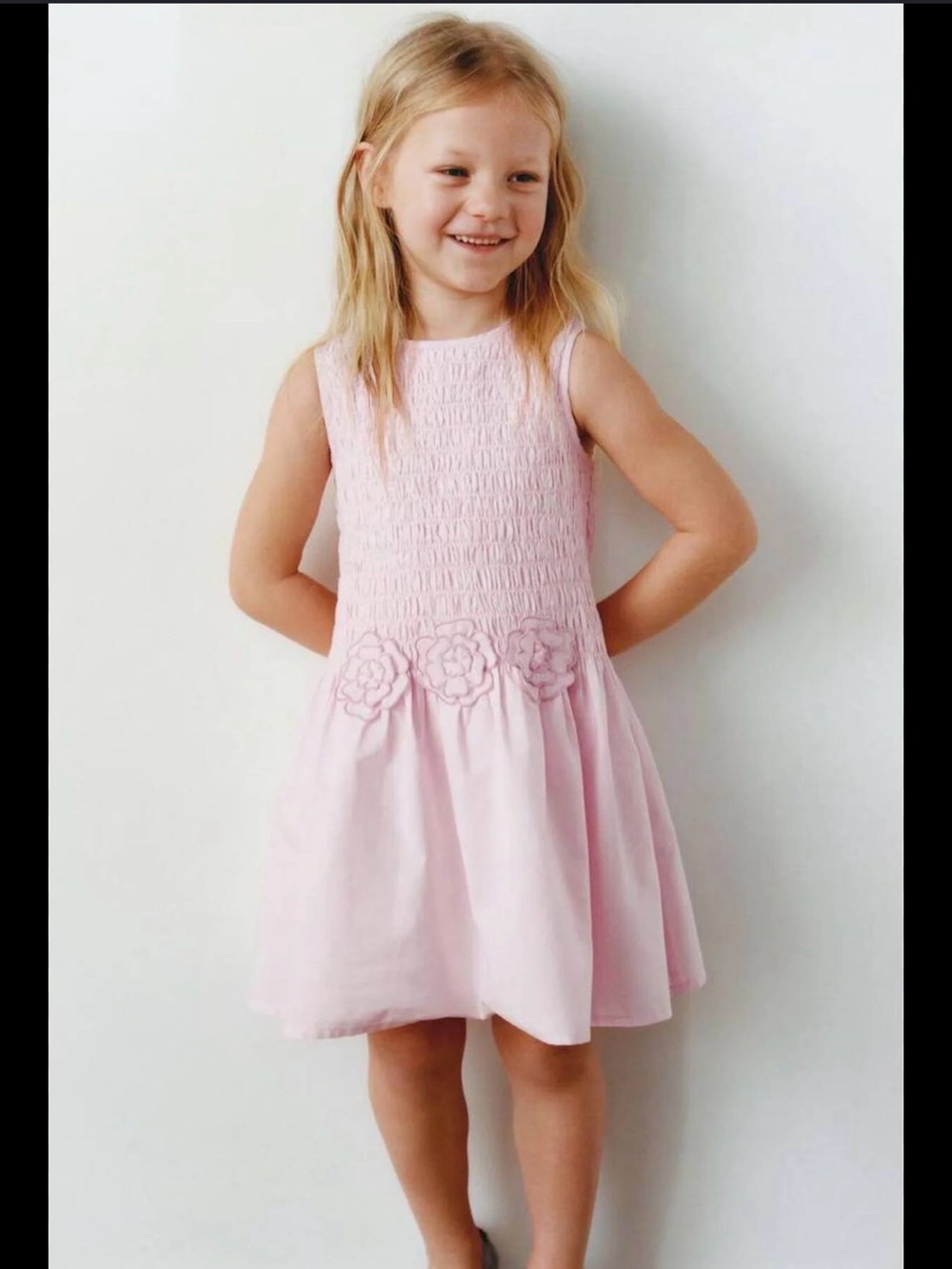 Zara Girls' Light Pink Smocked Floral Waist Dress